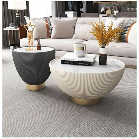 Round Sintered Stone Leather Drum Coffee Table Set