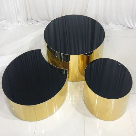 Black, Gold Glass Round X 3 Coffee Table Set