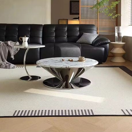 White, Silver Ceramic Round Coffee Table