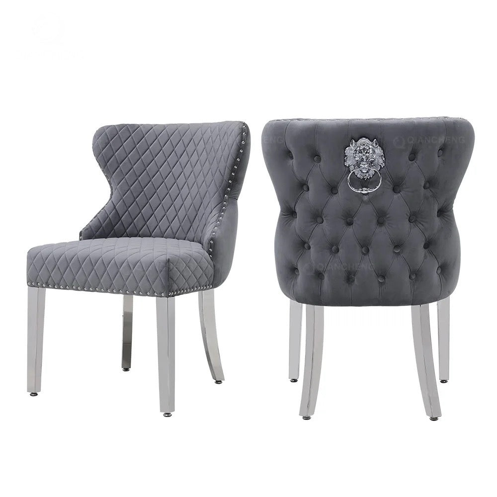 Quilted Velvet Dining Chair With Lion Knocker