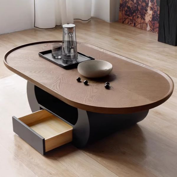 Oval Brown Coffee Table with Drawer
