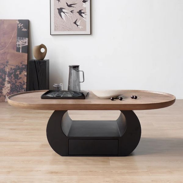 Oval Brown Coffee Table with Drawer