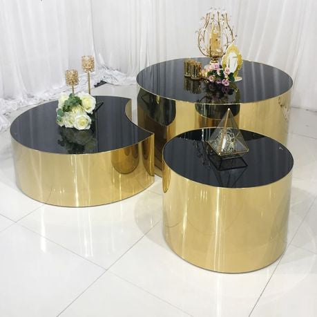 Black, Gold Glass Round X 3 Coffee Table Set