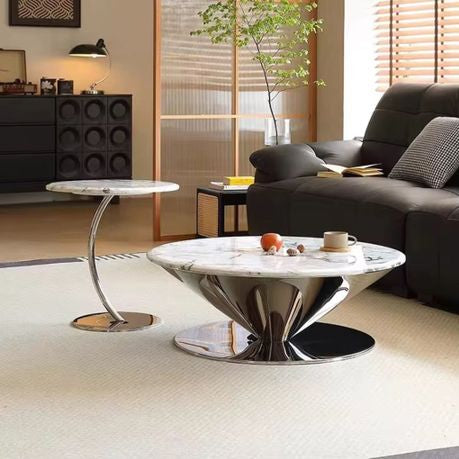 White, Silver Ceramic Round Coffee Table