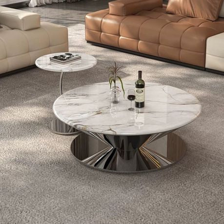 White, Silver Ceramic Round Coffee Table