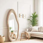 Flannel Wrapped Wooden Frame Floor Mirror,Irregular Wavy Mirror Standing