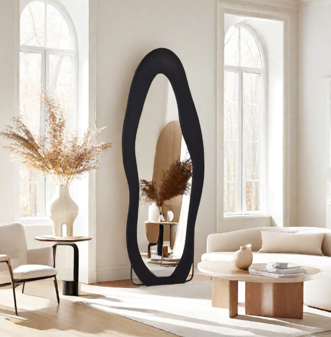 Flannel Wrapped Wooden Frame Floor Mirror,Irregular Wavy Mirror Standing