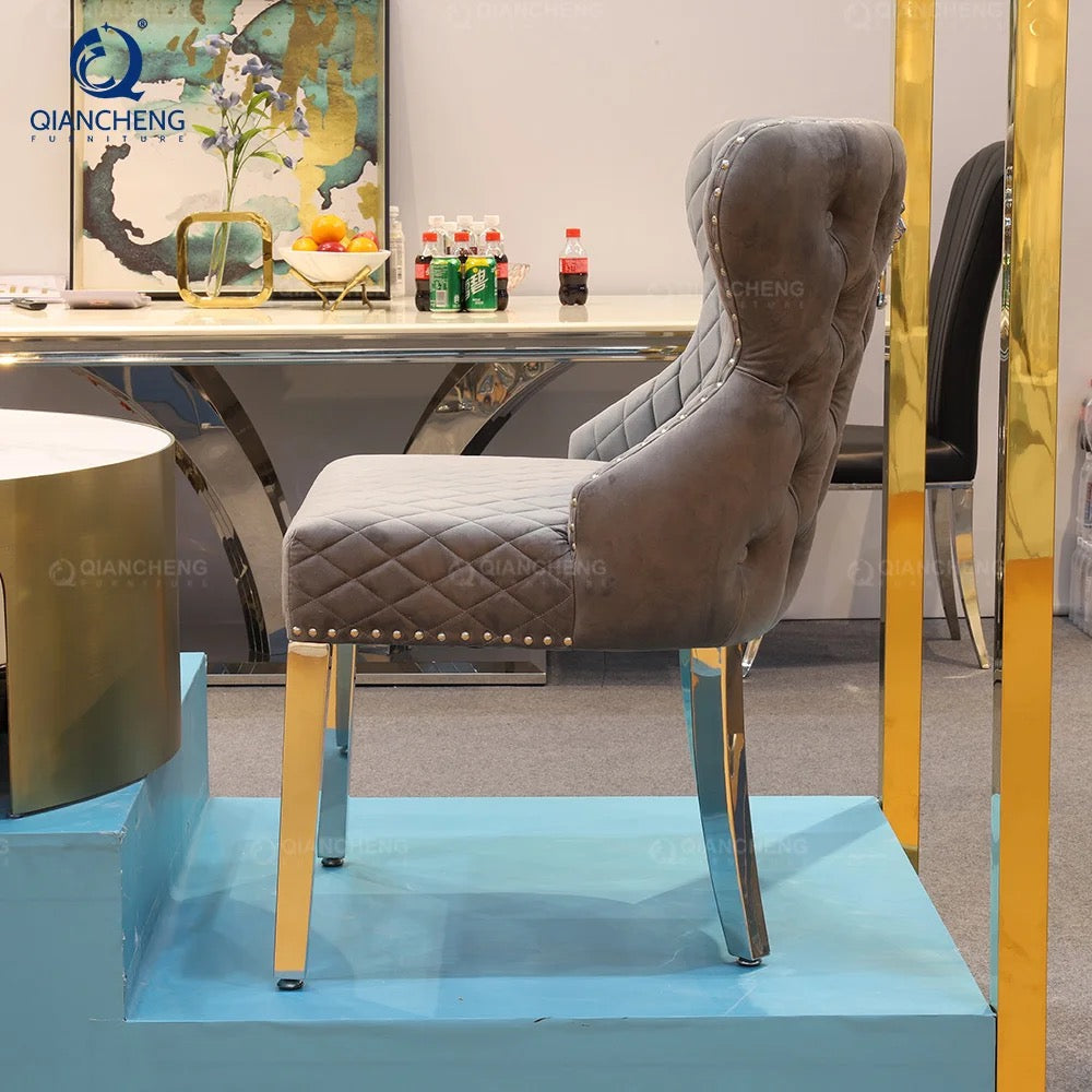 Quilted Velvet Dining Chair With Lion Knocker