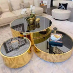Black, Gold Glass Round X 3 Coffee Table Set