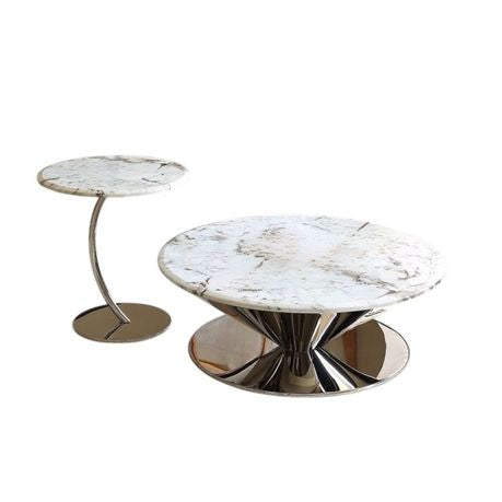 White, Silver Ceramic Round Coffee Table