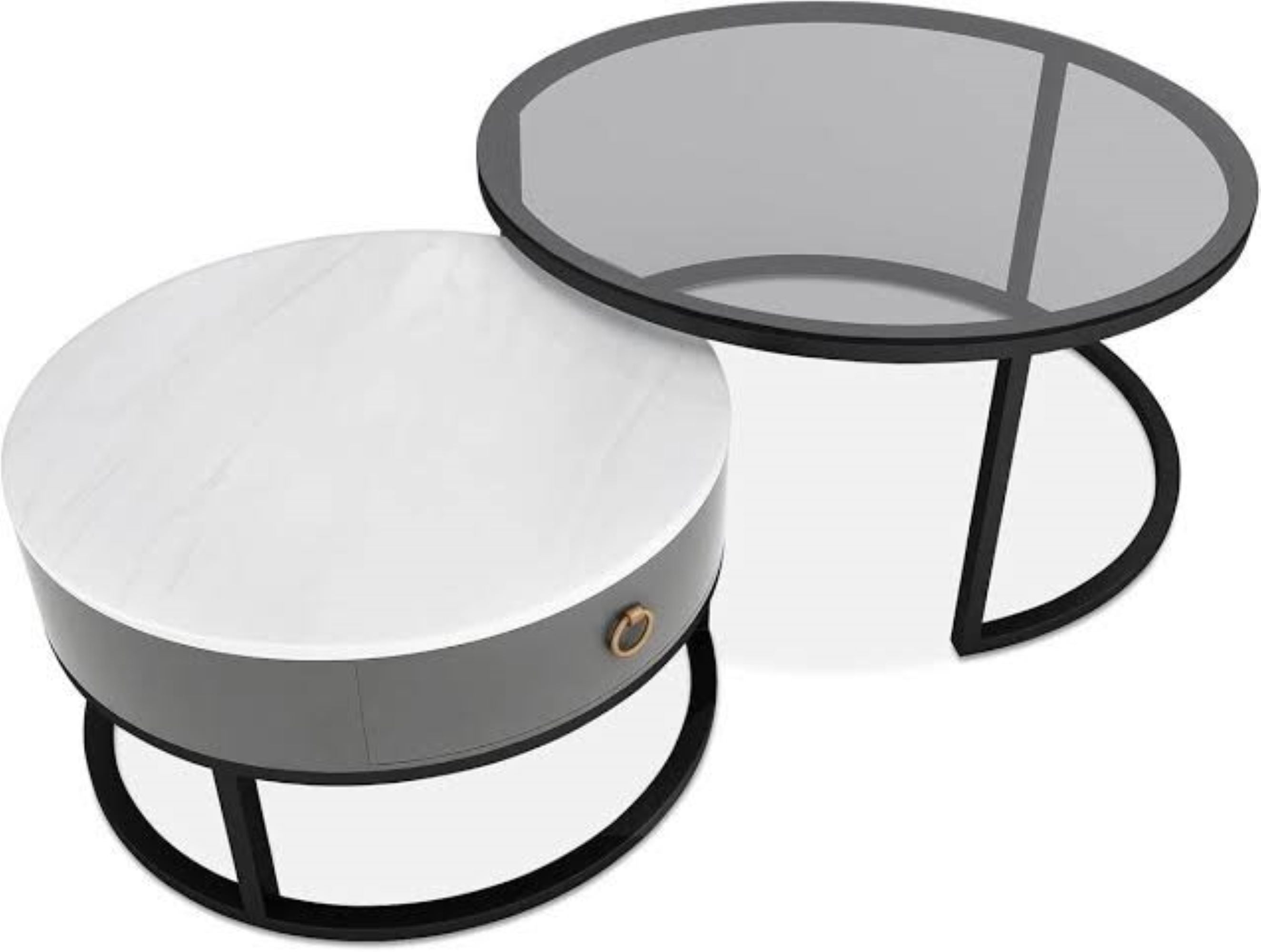 2 Round Nesting Glass & Marble Coffee Table with PU Leather Storage Drawer - XT3