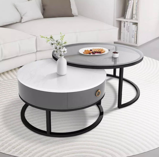2 Round Nesting Glass & Marble Coffee Table with PU Leather Storage Drawer - XT3