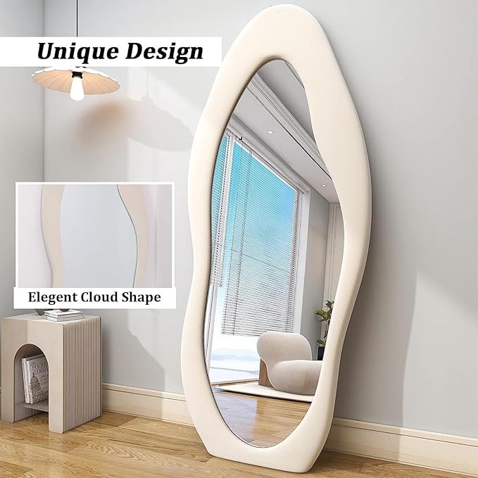 Flannel Wrapped Wooden Frame Floor Mirror,Irregular Wavy Mirror Standing