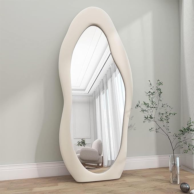 Flannel Wrapped Wooden Frame Floor Mirror,Irregular Wavy Mirror Standing